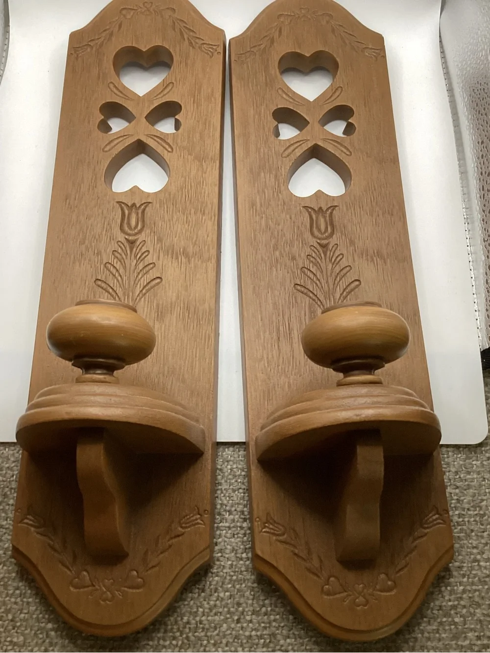vintage 1986 Burwood faux-wood wall sconces with cut out hearts